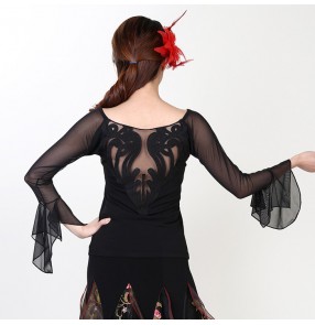 Black  round neck long sleeves women's ladies female competition performance professional ballroom dancing dance tango flamenco dance tops blouse